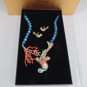 New Hedi Daus Koi Fish Crystal Statement Necklace & Clip On Earrings Set w/Box